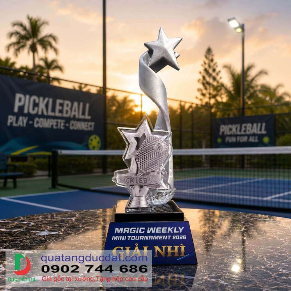 Cúp Pickleball 57 màu bạc thiết kế hiện đại dành cho giải đấu Pickleball chuyên nghiệp.
