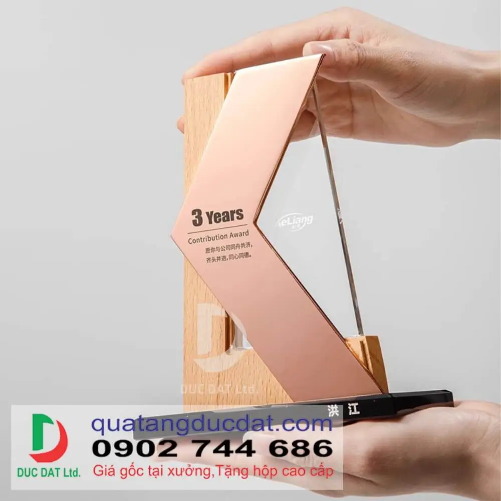 ẫu Cúp Vinh Danh bằng gỗ và kim loại mạ bạc sang trọng, thiết kế hiện đại, đế gỗ chắc chắn - Sản phẩm của Đức Đạt