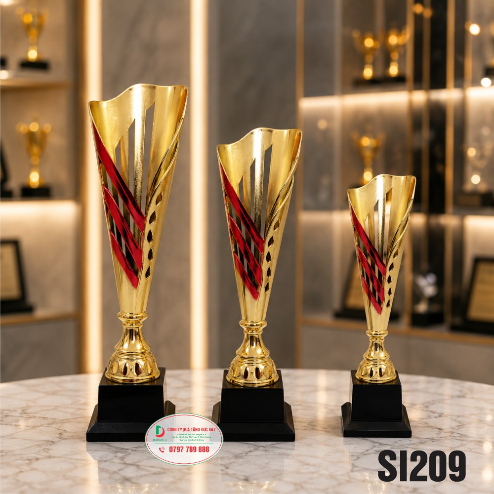 Cúp Kim Loại Cao Cấp SL209 – Dáng Loa Xẻ Rãnh Phối Đỏ Vương Giả
