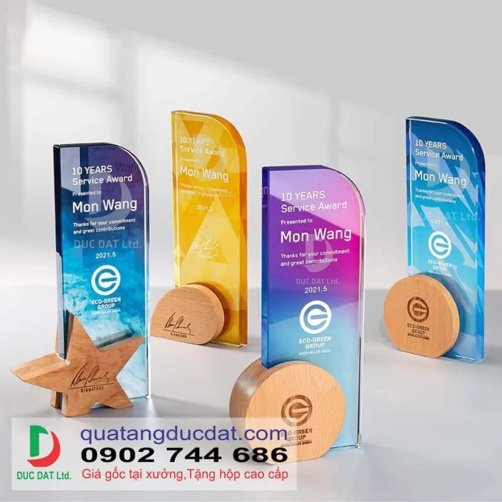 Mẫu kỷ niệm chương pha lê đế gỗ độc đáo – Quà tặng vinh danh cao cấp